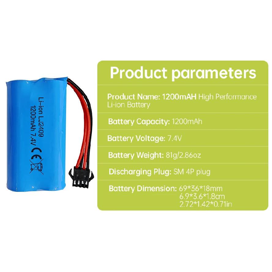 2PCS 7.4V 1200mAh Lithium Battery with SM-4P 4-Pin Plug for EC08 RC Boat RC Car Model Spare Battery