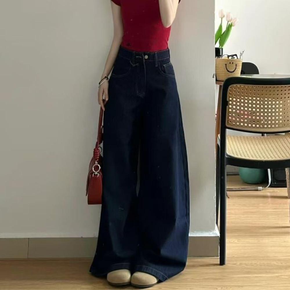 Women's High Rise Wide Leg Jeans Straight Leg American Style Micro Stretch Dark Blue Casual Denim Trousers
