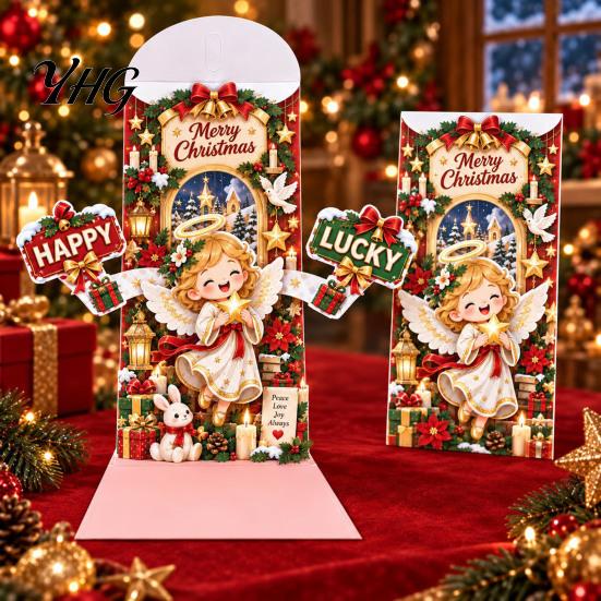 Retro Style Christmas Cards 3D Pop Up Card, Money Gift Card Holder with Handwritten Holiday Blessing Cash Slot, Hummingbird Santa Reindeer Design,