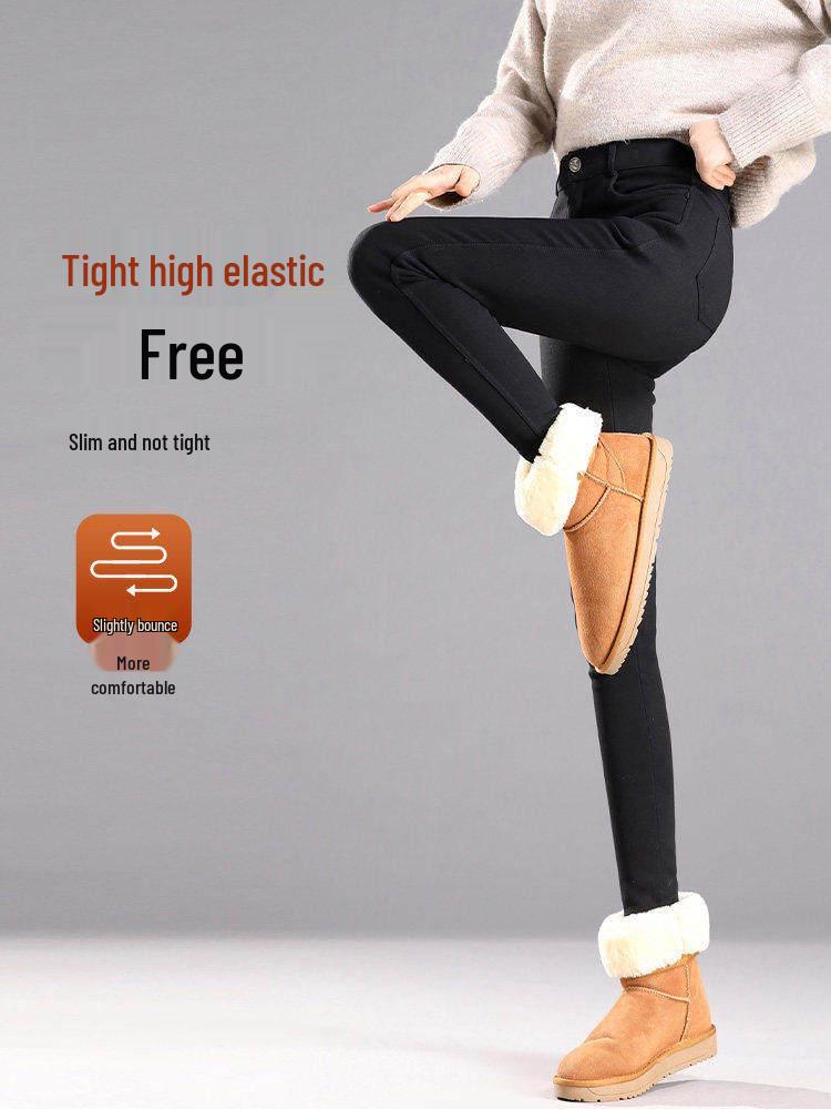 Women's High-Waisted Black Elastic Leggings - Warm, Slimming, Plus Velvet, Thickened, Single Button, Suitable for Outdoor Wear, Autumn/Winter.