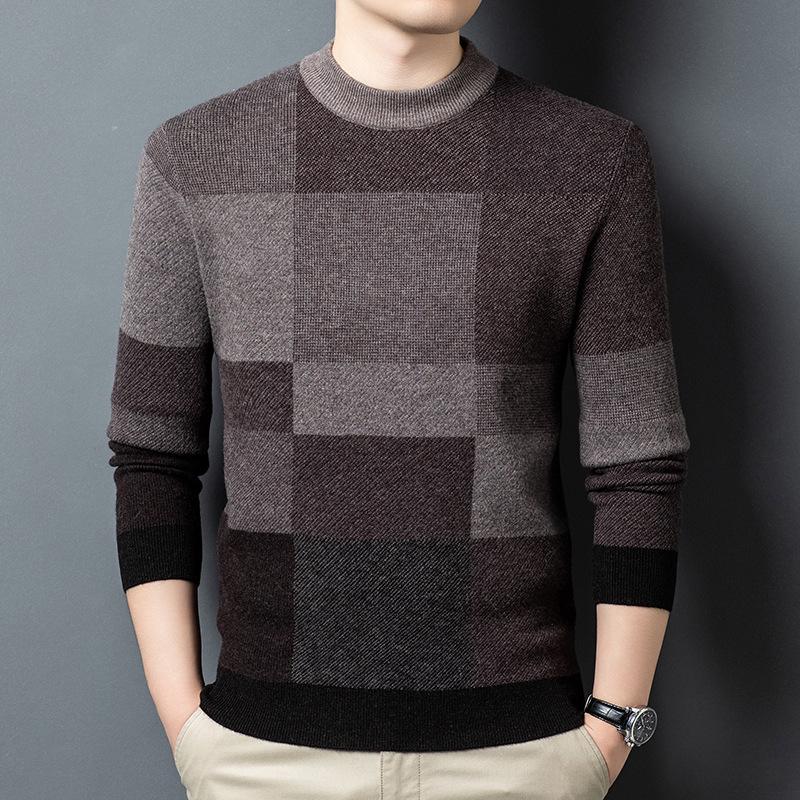 Men's 100% Wool Round Neck Sweater - 2025 Winter Fashion, Thickened Warm Base Layer for Young and Middle-Aged.
