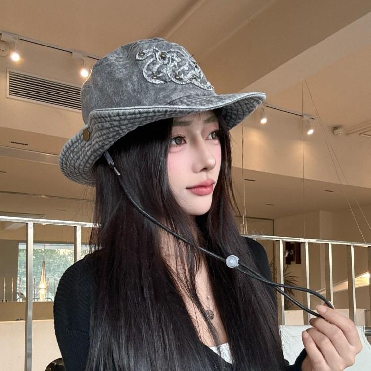 Vintage Street Retro Wash Shade Big Size Embroidered Bucket Hat Women's Camping Basin Hat Western Cowboy Hat