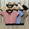 Maglione Lavorato a Maglia a Maniche Corte con Splicing a Contrasto di Colore Primavera Estate Femminile Sezione Corta Fondo Sezione Sottile Top Pullover T-shirt Casual Slim Fit