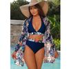 Neckholder Print Bikini Sets 3PCS Damen Badeanzug Mit Kimono Hohe Taille Bademode Weibliche Badegäste Baden Schwimmen Badeanzug Strandbekleidung