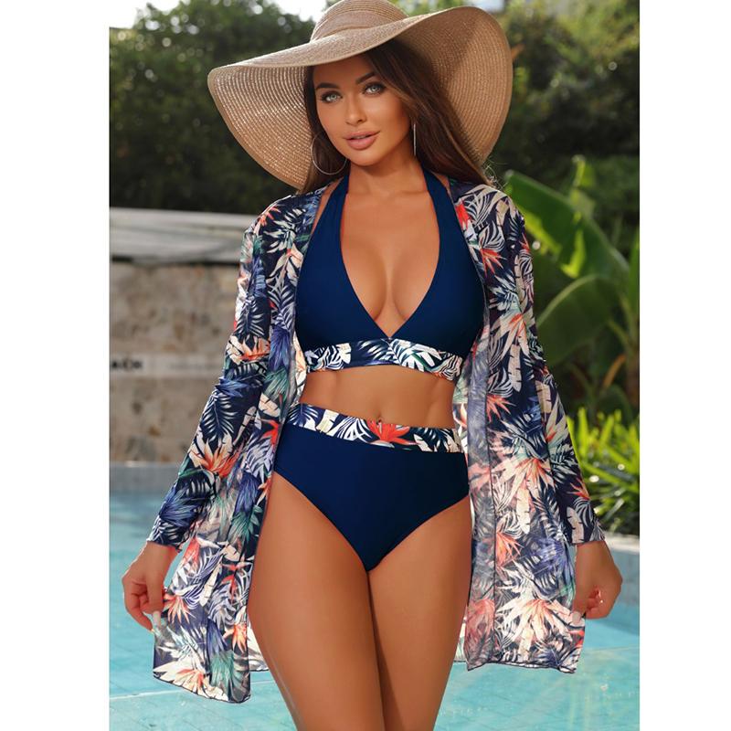 

Halter Print Bikini Sets 3PCS Women Swimsuit With Kimono High Waist Swimwear Female Bathers Bathing Swimming Swim Suit Beachwear XL рожевий