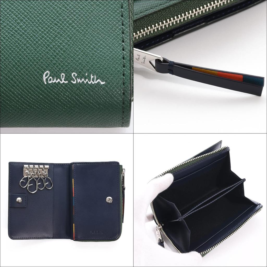 Paul Smith Bright Stripe Puller Leather Key Coin and Care Cloth Set No Wallet, Case, Case, (P641/BPS641, Green, Engraving)