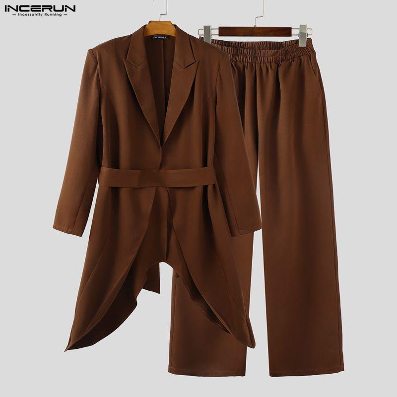 INCERUN Men Outfits Peak Lapel Long Sleeve Irregular Blazer Windbreaker Long Pants Casual Two Piece Suit Sets