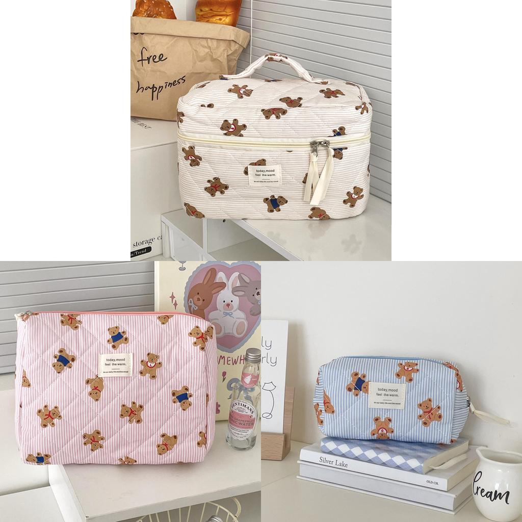 Blue Striped Bear Cosmetic Bag With Quilted Storage For Daily Use And Travel