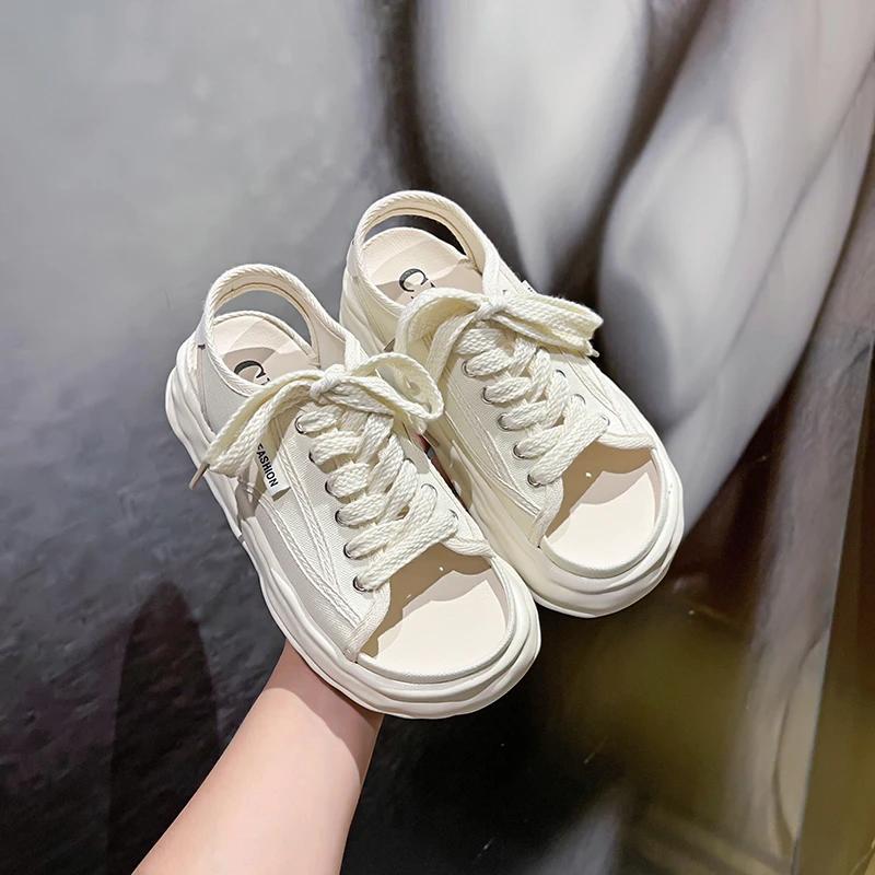 

Мода 2024 года, парусиновые сандалии, женская повседневная обувь, черно-белые парусиновые туфли для женщин, летние туфли на каблуках с ремешками для девочек, модные на шнуровке 39