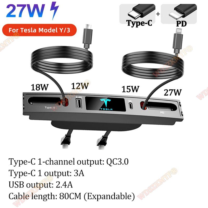 

4in1 Car USB Charger Multi Port For Tesla Accessories with 2 Retractable Cable,Model 3/Y USB hub 100% Fit Center Console Adapter