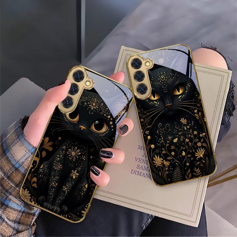 Fantastic Black Cat For Samsung Galaxy S20 FE S21 S22 S23 Plus S24 Ultra S25Ultra S21+ S9+ S22Plus Golden Glass Phone Case