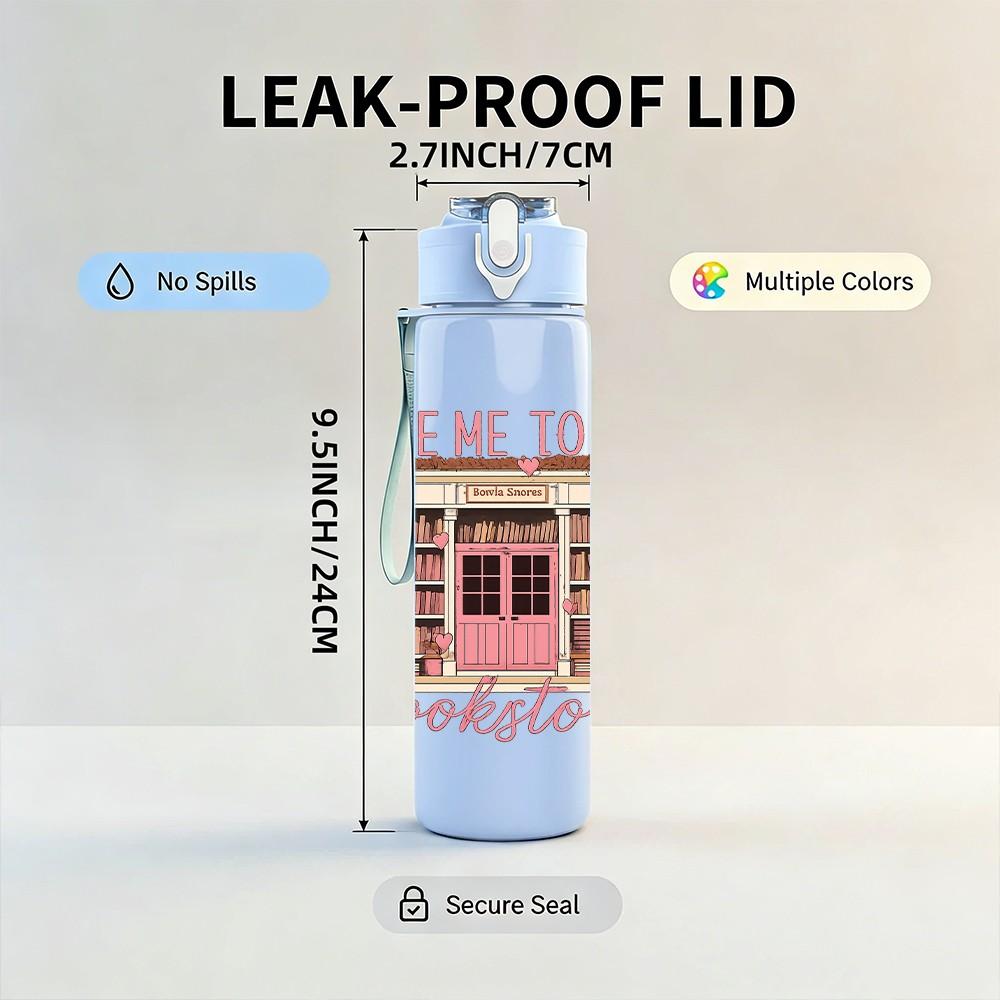 1PC Bookstore Vintage Letter Print 750ml Color Plastic Sports Water Bottle Leakproof Flip Straw Lid Suitable for Sports Office Home Use