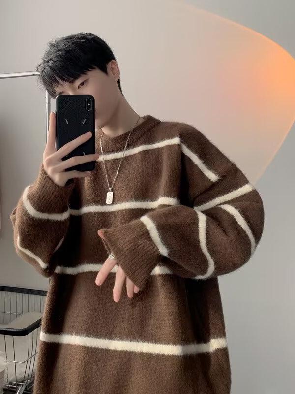 Herbst-/Winter-Herren-Strickjacke mit Streifen, lässiger Stil, koreanischer Stil, Stehkragen, vielseitig für Paare.