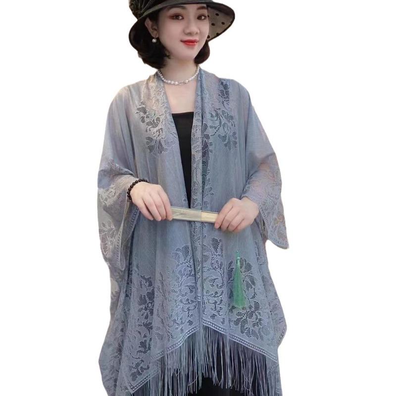 Damen Chinesischer Retro Hohl Quaste Spitze Sonnenschutz Schal Strickjacke Umhang