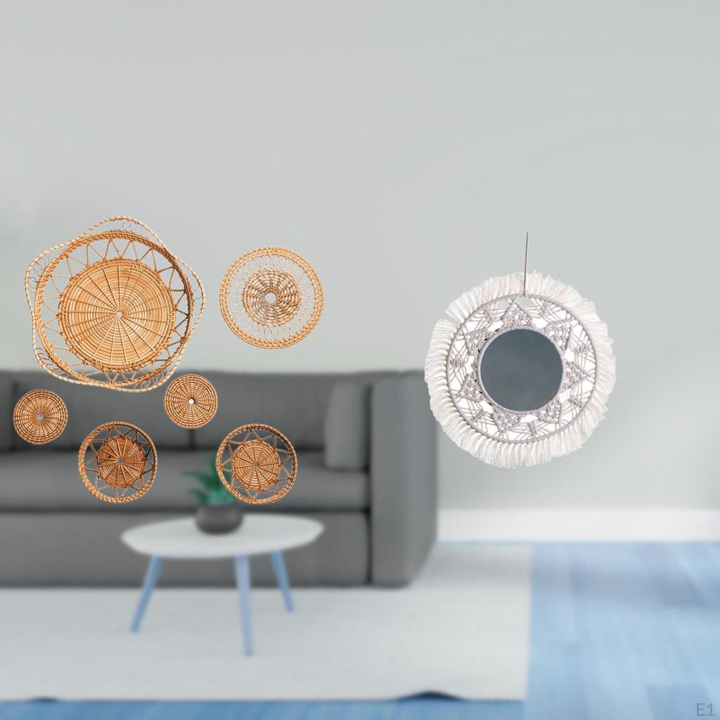 Rattan Woven Wall Art And Boho Mirror Decor for Living Room Bedroom Hallway Tea Porch Cafe