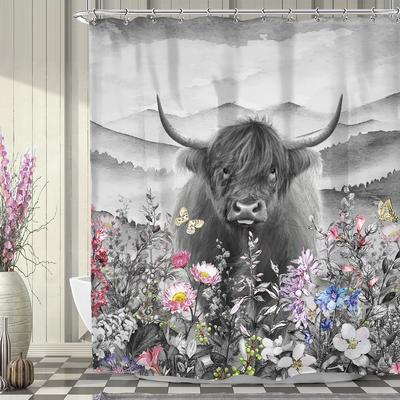 Cute And Funny Cow Bathing Print Shower Curtain, Bathroom Bathtub High Quality Waterproof Partition Curtain, Home Decoration