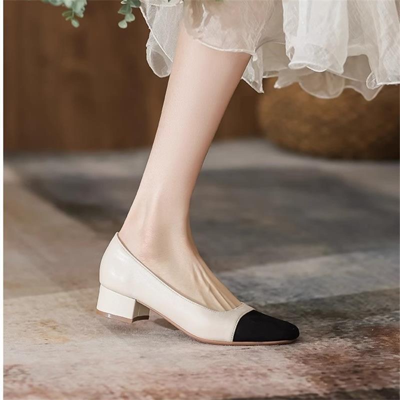 French Soft Leather Color Matching Small Fragrant Style Thick Heel Square Head Single Shoes Women's Summer 2025 New Versatile Light Mouth Ladyshoes
