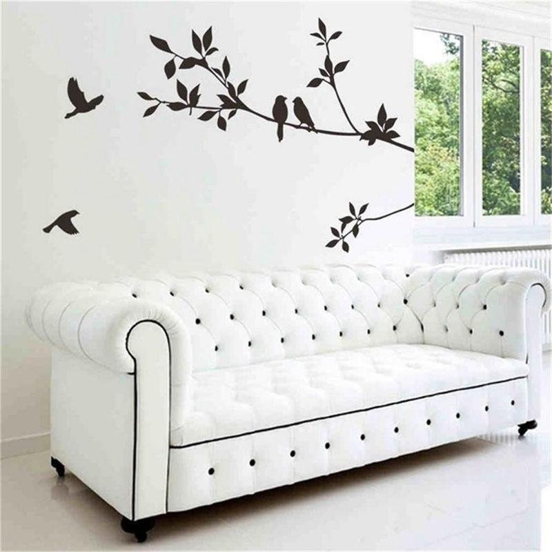 60*24cm Birds Tree Branch Leaves DIY Art Wall Stickers Removable Vinyl Living Room Decal (Color: Black)