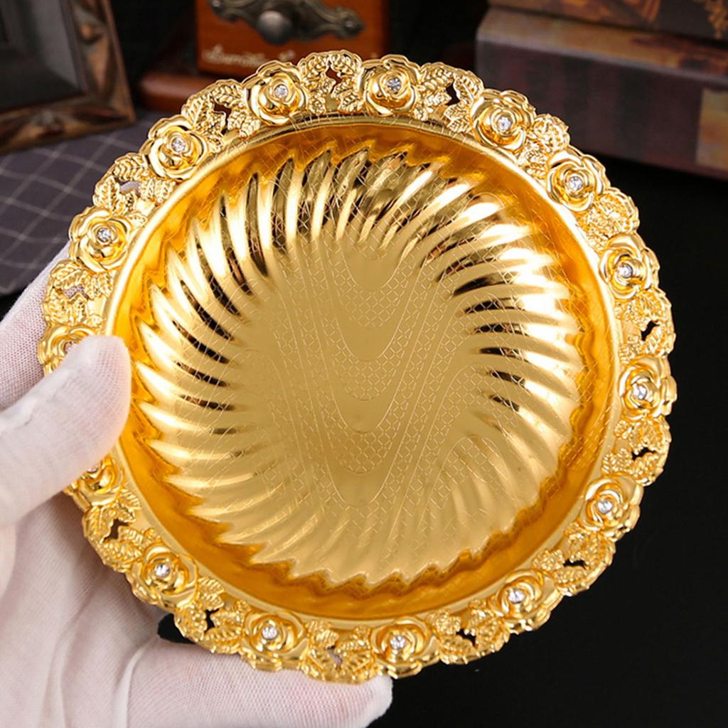 Footed Decorative Fruit Tray Vintage High Gloss Floral Carving Trim Metal Footed Fruit Plate for Snacks Nuts