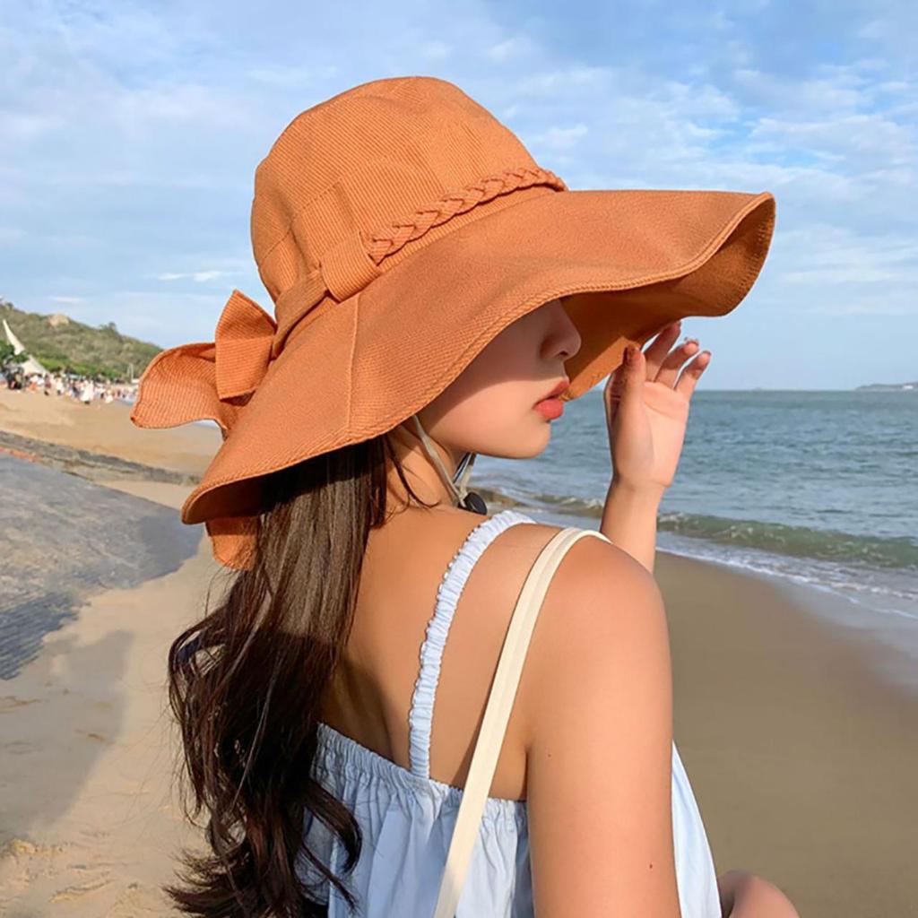 Summer Braided Bowknot Fishermen Hat for Women Wide Brim Fordable Sunshade Lace-up Bucket Cap Korean Girl Lady Travel Visor Hats