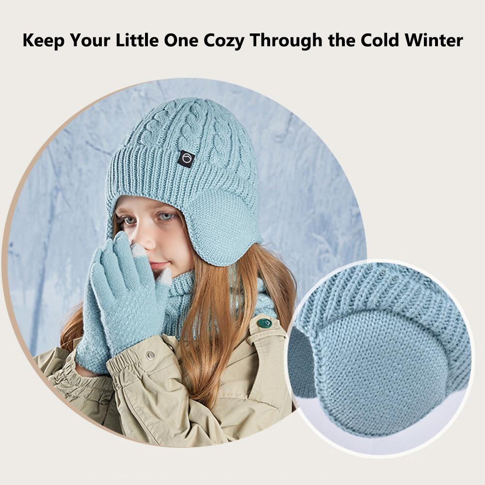 Warm Children's Hat Neck Scarf Gloves Set Fleece Lined Touchscreen Gloves for Boys and Girls