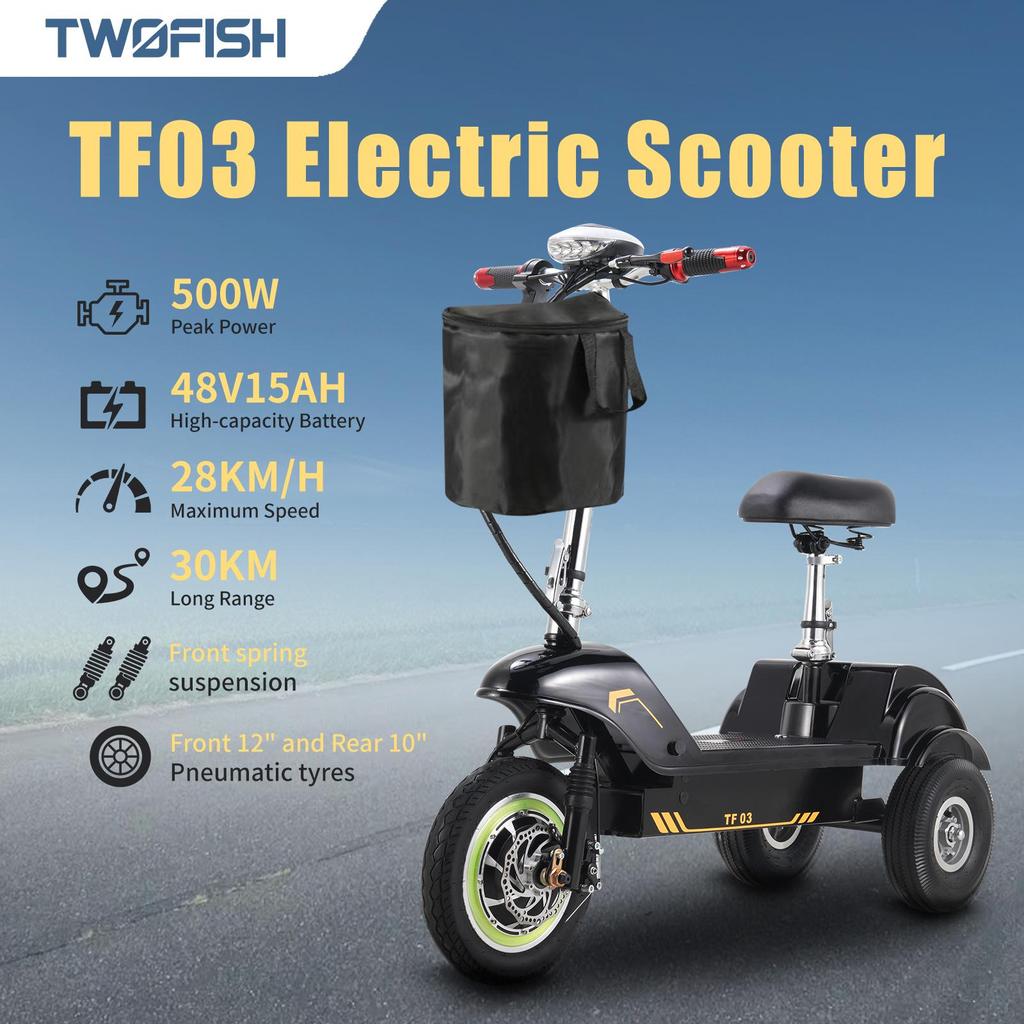 Three-wheeled Electric Scooter Twofish TF03 500W Motor 48V15Ah Battery 30km/h Max Speed 30km Max Range