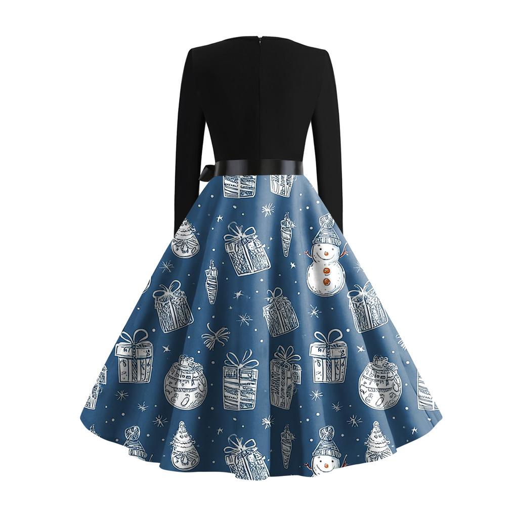 Women's Fashionable And Elegant Autmn And Winter Long-sleeved Round Neck Christmas Print Dress