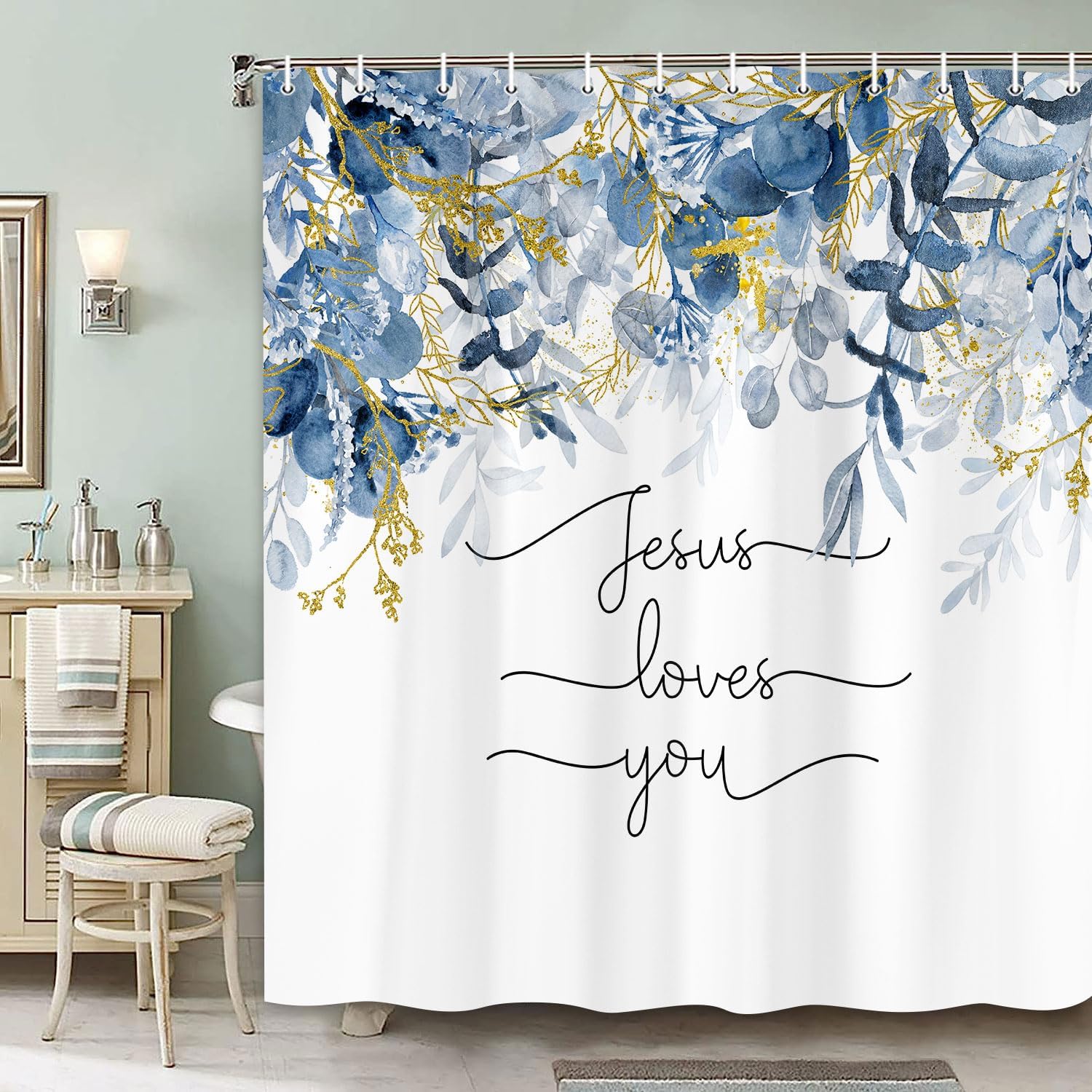 

Bible Verse Shower Curtain With Botanical Plant Leaves – Christian Scripture “Jesus Loves You” Quote, Floral Faith Design W60H190(CM)-1 Pcs
