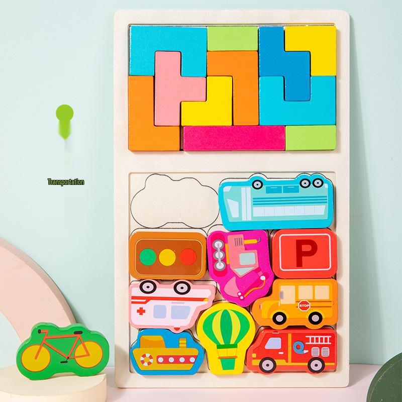 Multifunctional Wooden Puzzle: Marine Animals, Fruits, Vegetables & Transport - Cognitive Tetris for Toddlers