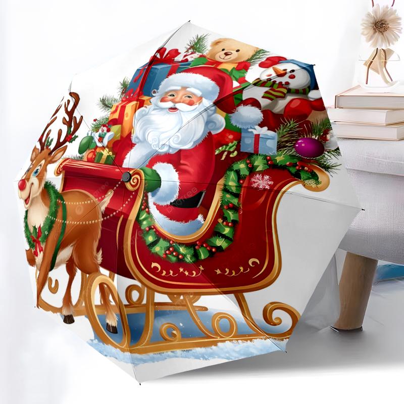 1pc Sturdy 8-Bone Auto Umbrella, Santa Claus and Reindeer Umbrella, Digital Printed, Foldable Umbrella for On-the-Go Outdoor Use