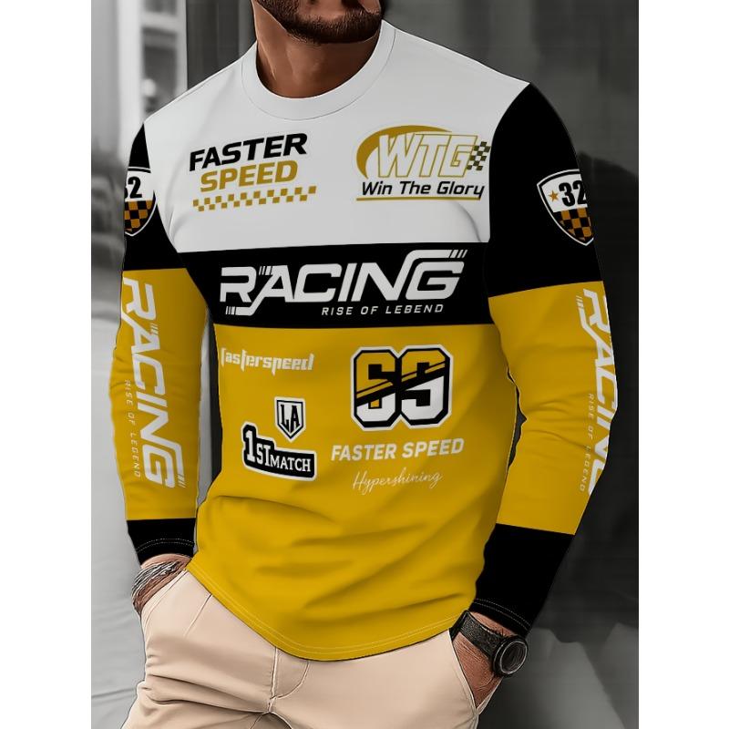 Men's Crew Neck Long Sleeve T-Shirt with Trendy Racing Element Print and Letter Graphic for Casual Wear, PLUS SIZE