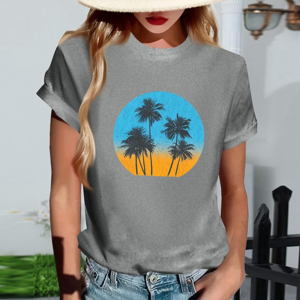 Women's Fashionable Round Neck Casual Retro Print Short Sleeved T-shirt Top