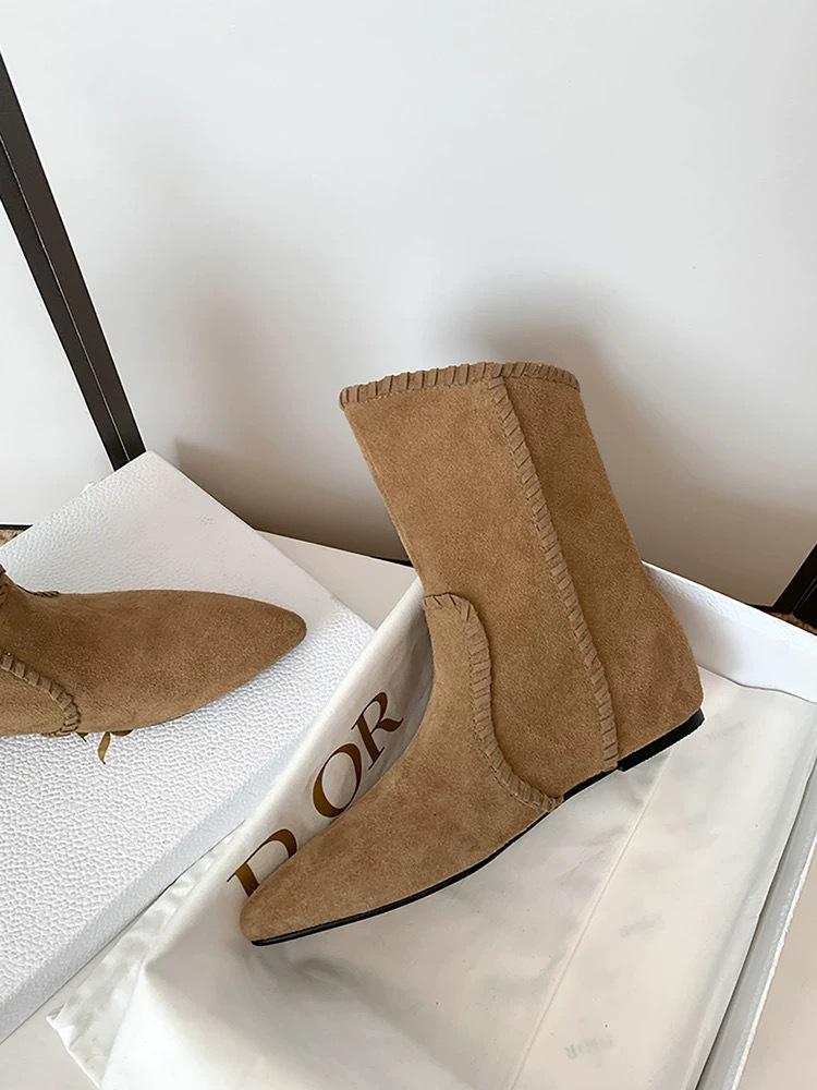 Sheepskin Version~ Niche Matte Suede String Rope Tip Inner Height Increase Western Cowboy Boots Women's 2025 Short Boots Thin Boots