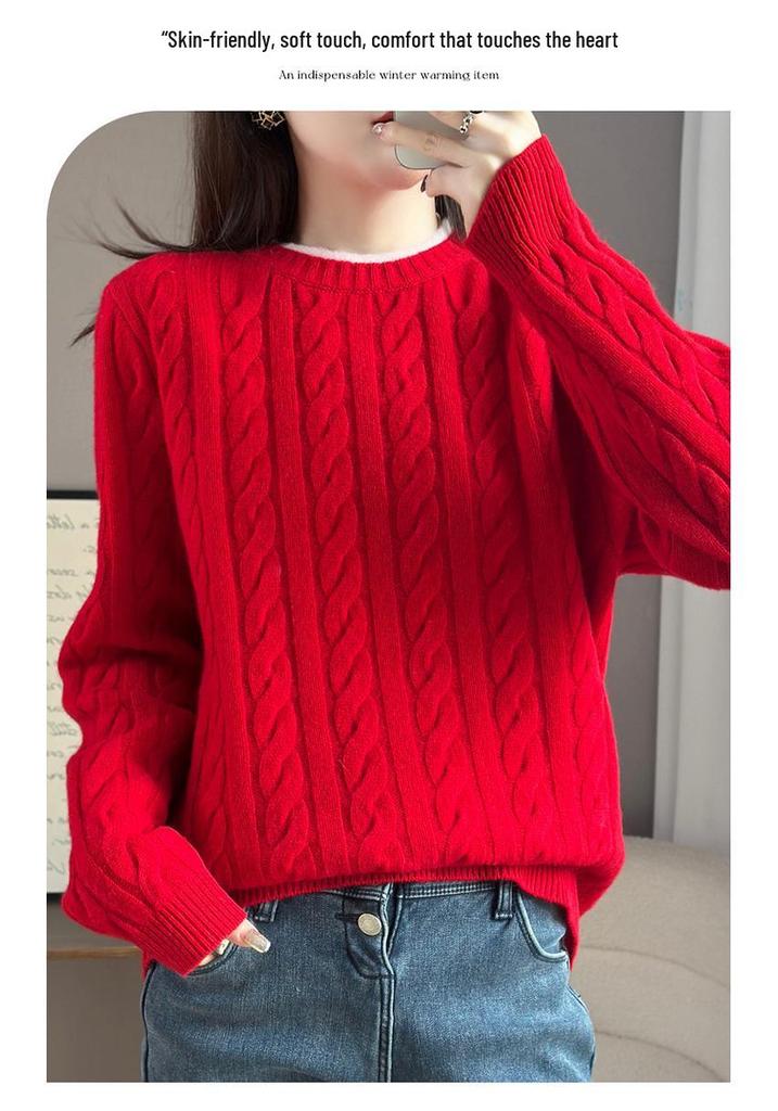 Women's Color-Block Pure Wool Sweater, Cable Knit, Thickened, Loose Fit, Slimming Pullover