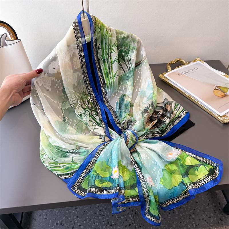 Water Town Picture Printing Flower Cutting Spring And Summer Silk Scarf Large Long Scarf High Sense Travel Shawl Sun Protection Women'S Scarf