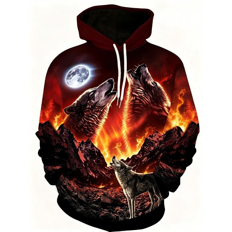 American Men's Autumn Moon Wolf Roar Print Comfortable Soft Hooded Sweatshirt Long Sleeved T-shirt Outdoor City Street Style Top