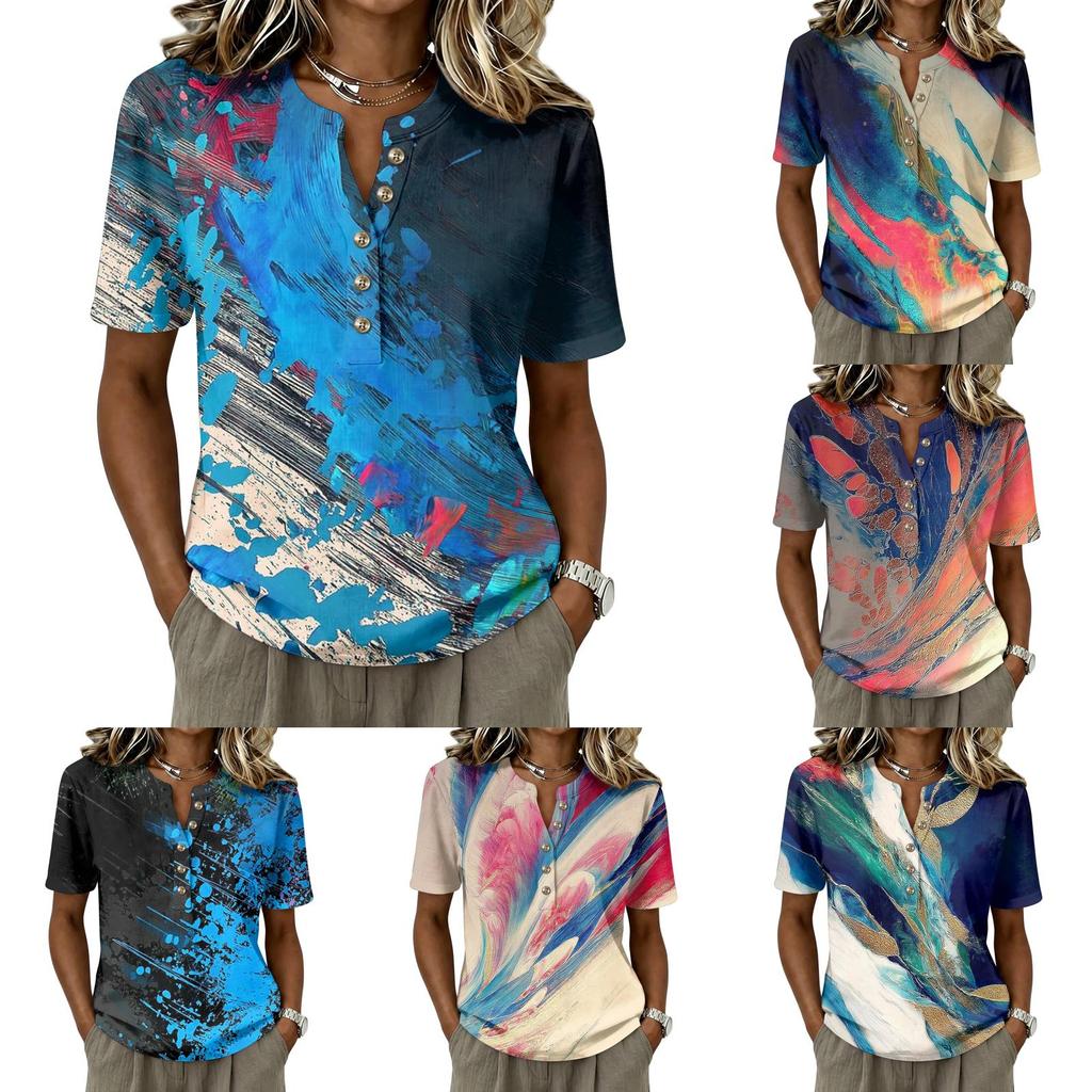 Damen Kurzarm Henley Hemd mit Knopfleiste Leinen Baumwollmischung Lässige Bedruckte Bluse Leicht Atmungsaktiv Sommer Oberteil