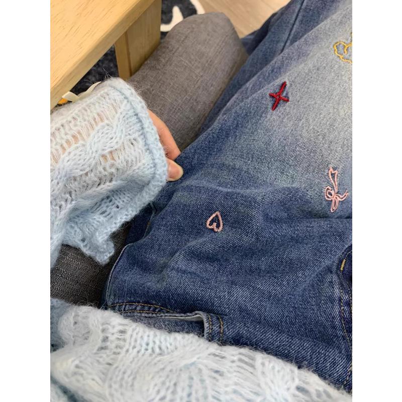 Women's High-Waist Retro Embroidered Jeans - Autumn 2025: Slimming Straight and Wide Leg Options