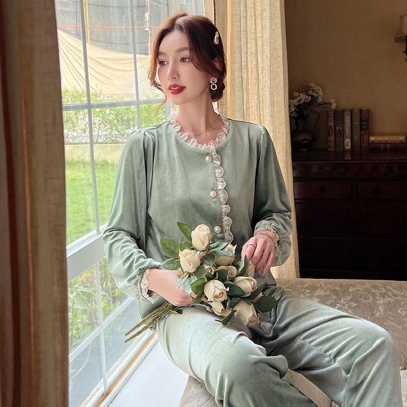 

Новые женские бархатные пижамы, пижамы для девочек, кружевные пижамы на осень-зиму, домашняя одежда, женский кардиган с длинными рукавами, домашняя одежда L зелёный