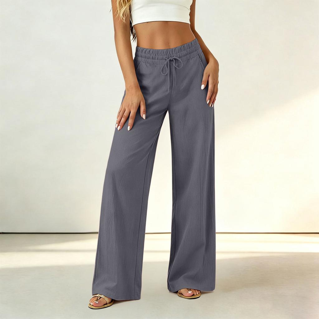 Women High Waist Loose Fit Trousers Drawstring Wide Leg Pants Elastic Waistband Casual Office Style Lightweight Fabric
