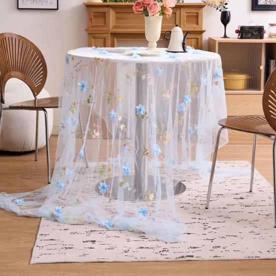 Elegant Birthday Table Decor Lace Embroidery Floral Tablecloth, 3D Flower Tulle Sheer Cover, Seasonal Tablecloth for Party Colorful Cloth Wedding