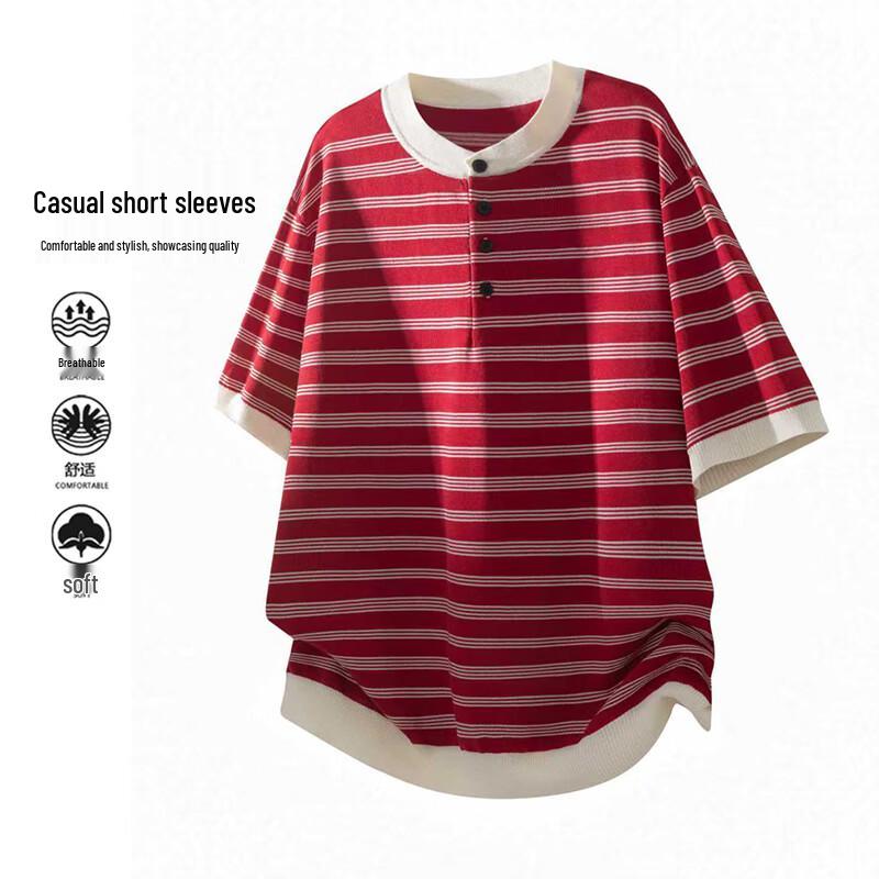 MEDE Men s Striped Ice Silk Henley Short Sleeve T-Shirt L