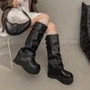 Women's New Style Autumn and Winter Knee High Boots with Pleated Thick Sole Thick Heel Casual Leather Midsole Boots Knight Boots
