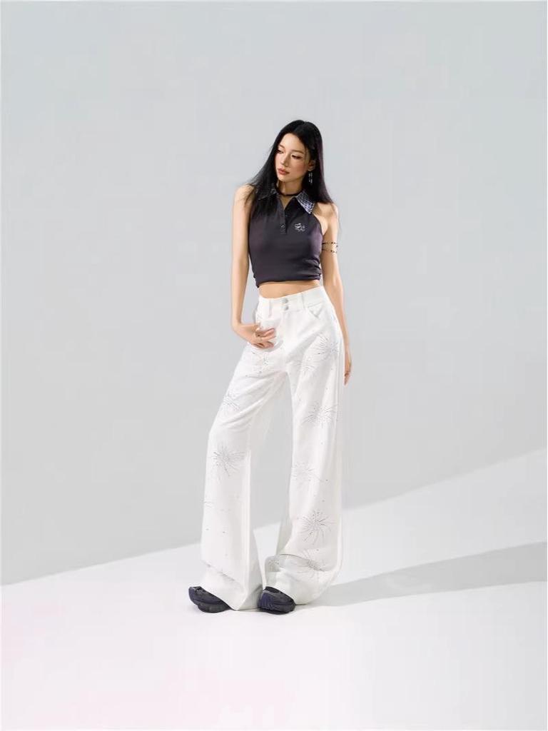 Fireworks Flash Rhinestone Anti-Wrinkle Four-Way Stretch Micro-Flare Casual Pants