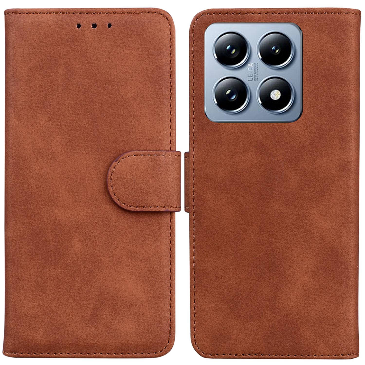 

For Xiaomi 14T Case Solid Color Leather Wallet Phone Cover Brown