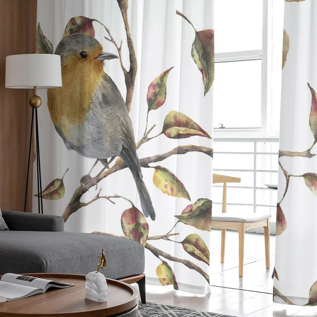 Birdie Leaves Plant Animal Modern Tulle Curtains For Living Room Bedroom Home Kitchen Window Sheer Curtains