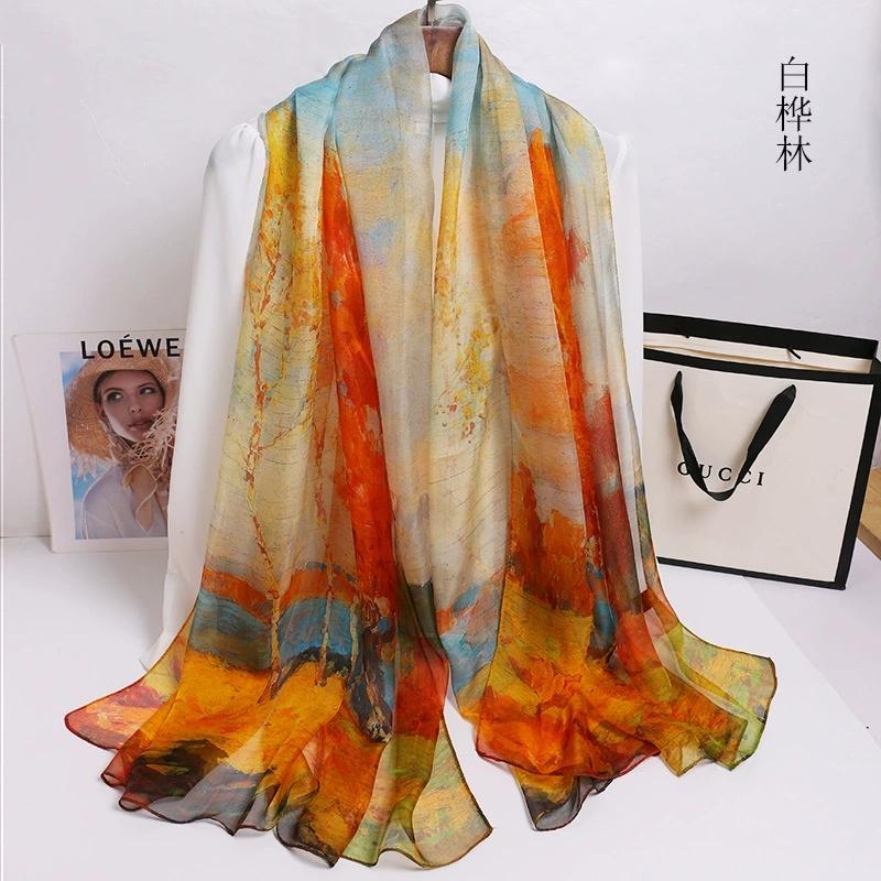 Spring Summer 100% Silk Scarf Shawl Hijab Wrap Women Long Thin Flower Beach Scarves 180*110cm