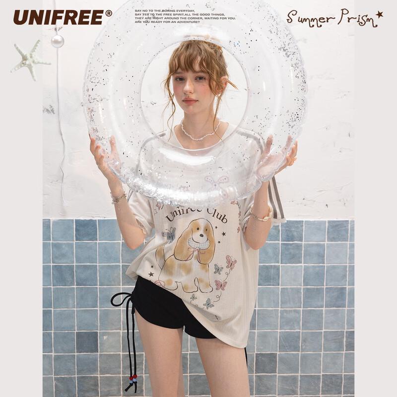 UNIFREE Cute Pet Print Lace Trim V-Neck T-Shirt M