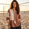 Women's Casual Striped V-Neck Blouse with Tie Front Loose Fit Retro