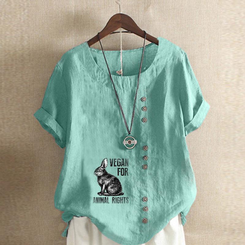 Women's Fashion Cute Rabbit Prined Round Neck Short Sleeve T-shirt Casual Cotton Linen Graphic Shirt Leisure Loose Summer Blouse Tops